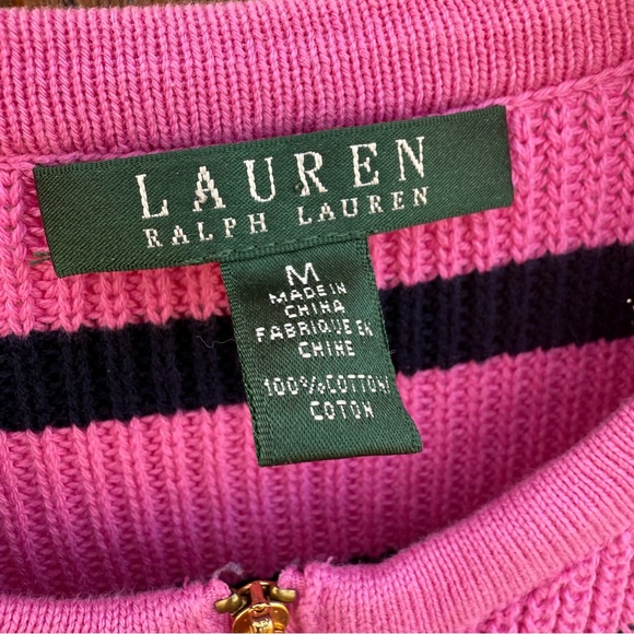 Ralph Lauren Women’s Pink Black Striped Full Zip Sweater Cardigan Size Medium - Picture 2 of 10